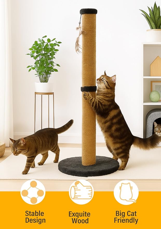 34inches Tall Cat Scratching Post with Plush Base Cat Scratcher for Indoor Cat with Natural Sisal Rope, Black Round Platform,Have 4 Replacement Pendant
