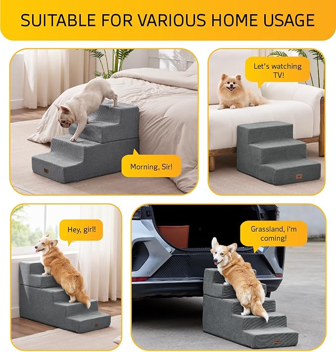 Dog Stairs for High Bed, Dog Steps for Bed Couch Sofa, 35D Foam Extra Wide Pet Steps for Small Dogs and Cats, Pet Stairs with Non-Slip Bottom Grey, 4 Steps