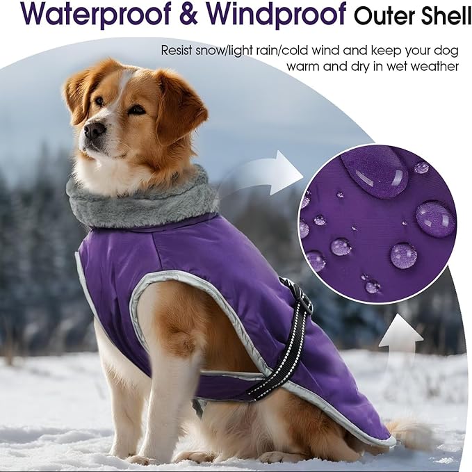 Dog Coats for Large Dogs,2XL Warm Fleece Winter Jacket,Dog Coat with Leash Hole,Waterproof Pet Cold Weather Coats Vest,Dogs Winter Clothes,Reflective Turtleneck PRT Snowsuit,Purple,2XL