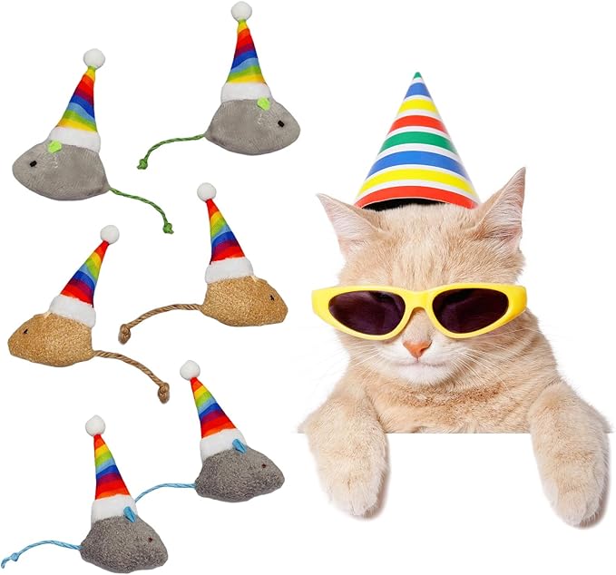 6-Pack Christmas Catnip Cat Mice Toys with Rainbow Santa Hats - Interactive Cat Toys for Indoor Cats & Kittens, Christmas & Thanksgiving Gift