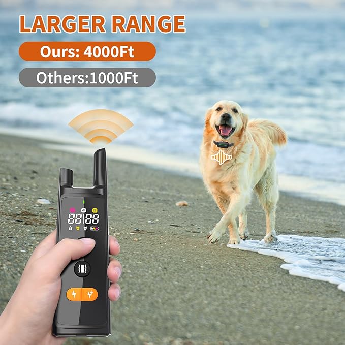 Dog Training Shock Collar 4000FT Dog Bark Collar with Remote IP67 Waterproof 4 Training Modes Beep Vibration Shock Light Mode Magnetic Charger Electric Dogs Collar 8-25 inches Double Shock Iron Black