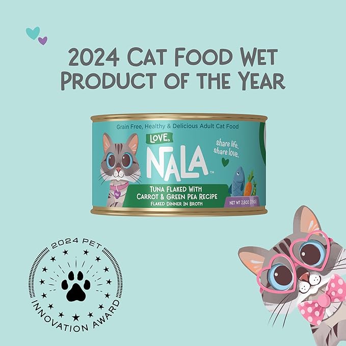 LOVE, NALA - Natural Adult Cat Wet Food - FLAKED Tuna with Carrot & Green Pea in Broth - Grain Free, Non-GMO, Lean Protein, Added Minerals & Vitamins - 12 Pack, 2.4 lbs.