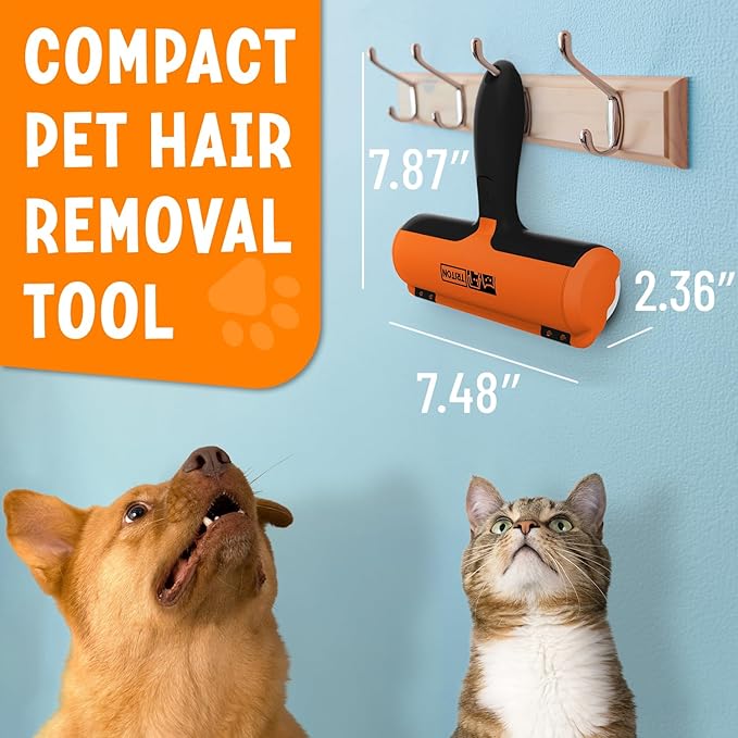 Triton Pet Hair Remover w/Fur Trapping Compartment - Easy to Use Pet Hair Removal Tool - Detachable Handle Cat & Dog Hair Remover for Car, Furniture, Clothes, Couch - Reusable Lint Roller (Orange)