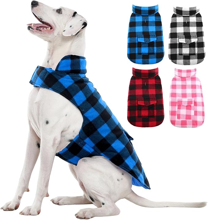 Kuoser Dog Winter Coat, Windproof Dog Fleece Jacket British Style Plaid Cold Weather Doggie Vest Coats, Reversible Cozy Warm Pet Clothes Apparel for Extra Large Size Dogs XXL