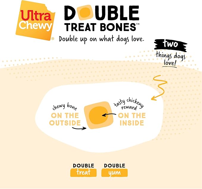 Ultra Chewy Chicken Double Treat Bones: Long-Lasting Dog Treats Made in USA for Large and Small Breeds, Highly Digestible, Ideal for Aggressive Chewers (12 Count)