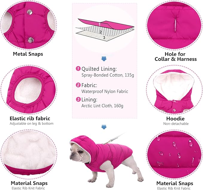 Windproof Waterproof Dog Coat - Fleece & Cotton Lined Warm Dog Jacket, Cold Weather Pet Apparel Clothes Vest - Sizes S to 3XL (Pink)