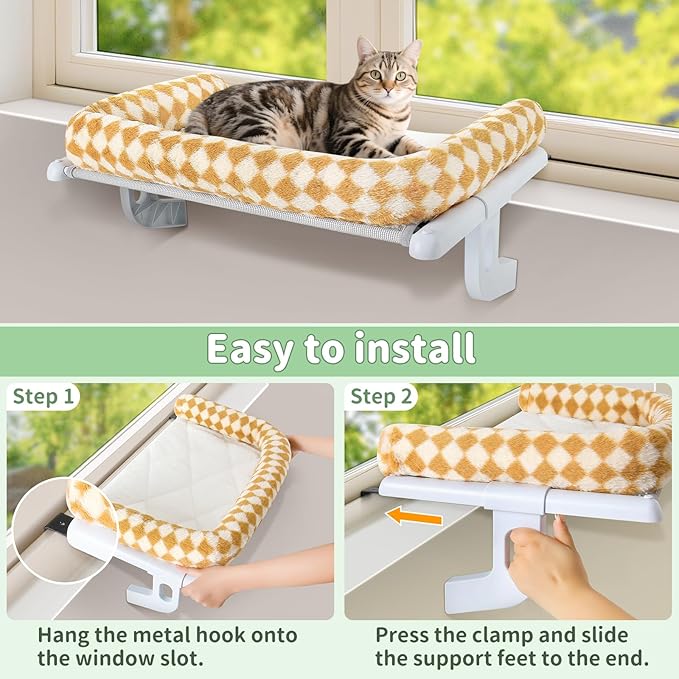 Sunhoo Cat Window Perch Hammock Sturdy Windowsill Bed Seat for Large Cats No Drilling No Suction Adjustable Kitty Shelf with Washable Cover Easy Assembly Holds up to 40 lbs 22.05 * 15 in (Brown, S)