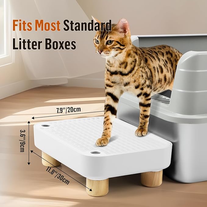 Cat Litter Box Step Ramp, Cat Litter Catcher Mat with Wooden Feet, Filter Function, Pedal Stool for Self-Cleaning Litter Box, Ideal for Kitten & Elderly Cats (White)