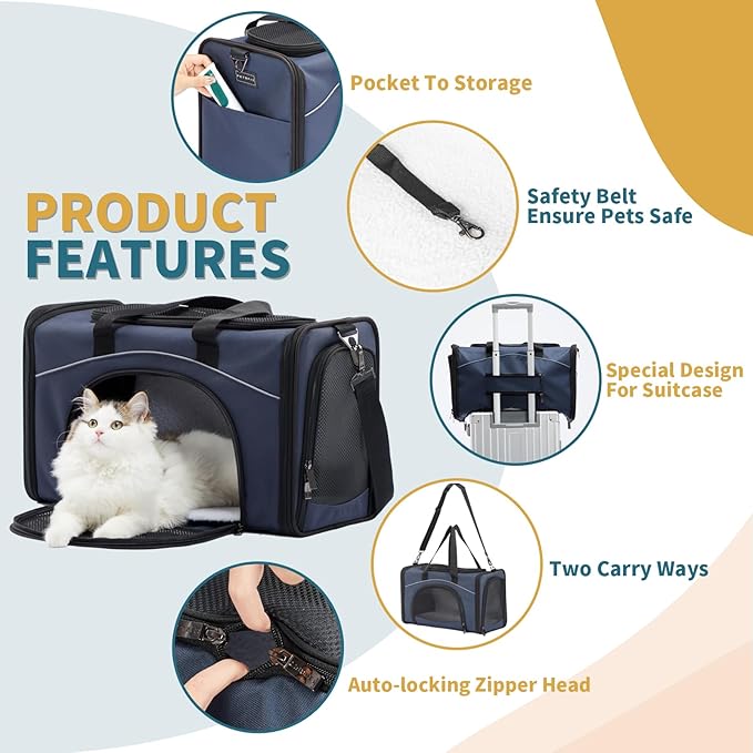 ‌Petsfit Airline Approved Pet Carrier for Small Cats, 15x8x10 TSA Approved Carrier, with Removable Dual-Sided Padding (2-Way Placement) - Fits Under Most Airplane Seats, Escape Proof (Navy)