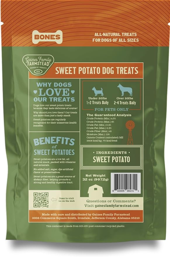 Gaines Family Farmstead Sweet Potato Dog Bones – 8 oz Bag, All-Natural, Single Ingredient, Grain-Free Dog Treats for Digestive Health, High Fiber - Training & Rewards, Made in USA