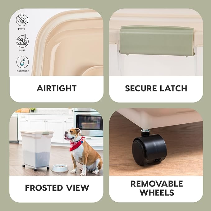 IRIS USA WeatherPro Airtight Dog Food Storage Container, Up to 58 lbs, Attachable Wheels, For Dog Cat Bird and Other Pet Food Storage Bin, Keep Fresh, Translucent Body, Pearl/Almond