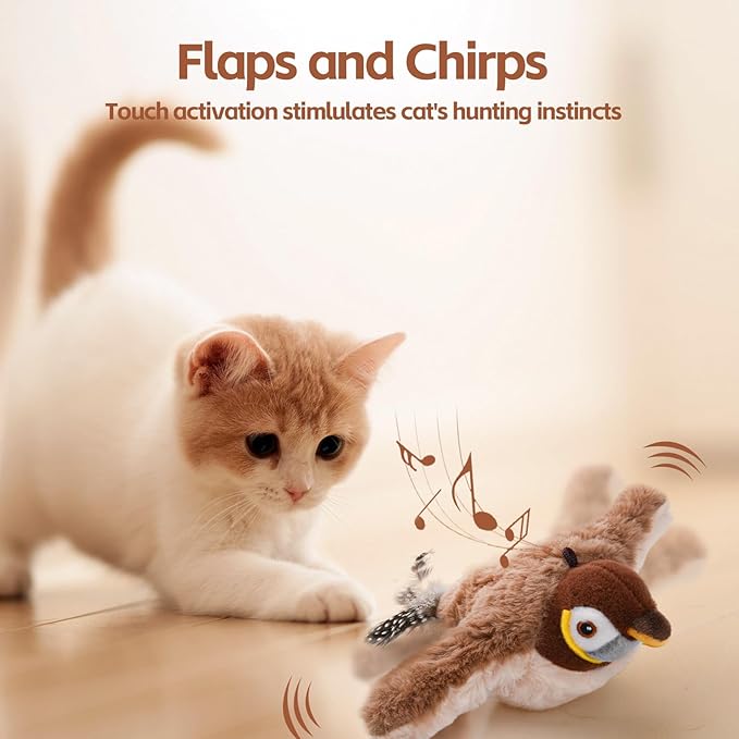 Flappy Bird Cat Toy for Indoor Cats, Simulated Chirping Flapping Wings Bird, Interactive Catnip Toys, Plush Kitten Exercise Toys (Brown Sparrow)