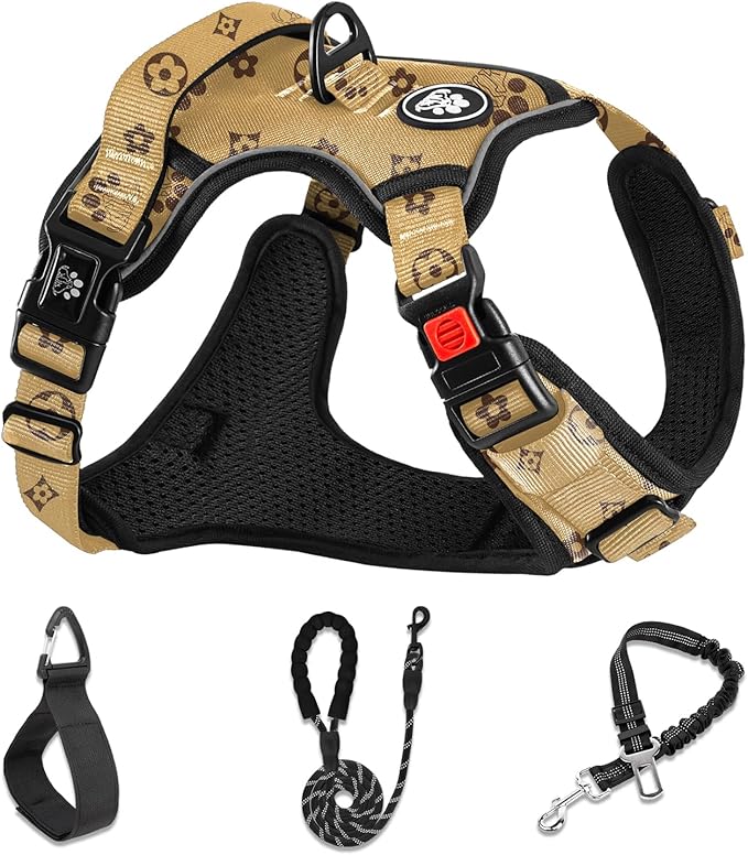 NESTROAD No Pull Dog Harness,Adjustable Oxford Dog Vest Harness with Leash,Reflective No-Choke Pet Harness with Easy Control Soft Handle for Medium Dogs(Medium,Light Brown)