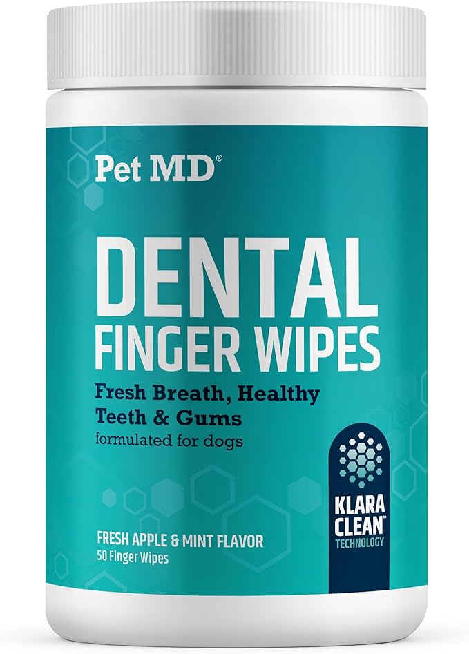 Pet MD Pet Dental Finger Wipes for Dogs - Plaque and Tartar Remover for Dogs to Improve Oral Care - Pet Teeth Cleaning Finger Wipes for Healthy Gums and Fresh Breath - Fresh Apple & Mint, 50ct