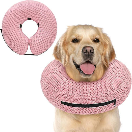 Supet Inflatable Dog Cone Collar for Dogs to Stop Licking, Dog Donut Collar After Surgery, Soft Pet Cone for Small Medium Large Dogs Pink 02 L