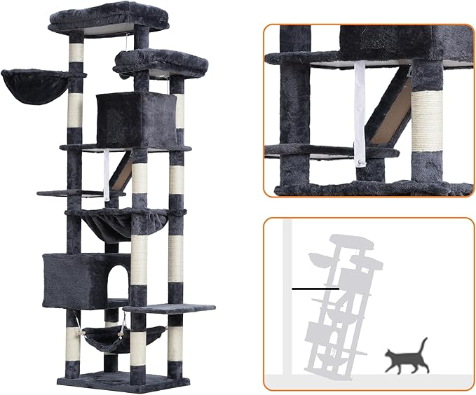 Heybly Cat Tree, 71-Inch-Tall Tower for Indoor Cats with 2 Perches, 2 Big Condos, 2 Hammocks, Basket, Scratching Pad, Large Cat Furniture and Condo, Smoky Gray HCT034G