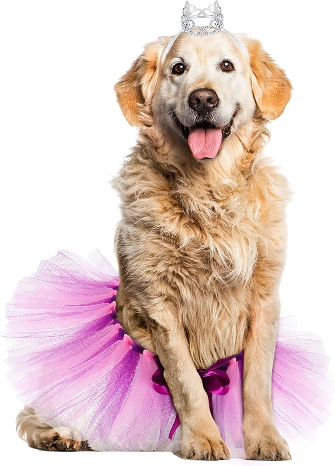 2 Pcs Dog Crown Headband Dog Tutu Dress Set Crystal Rhinestone Tiara Crown Tutu Skirt Pet Dress Costume for Puppy Birthday Party Wedding Photo Prop Costume(X-Large,Pink Purple)