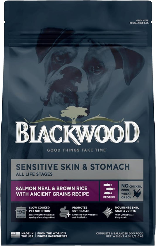 Blackwood Sensitive Skin & Stomach Dry Dog Food, Salmon Meal & Brown Rice with Ancient Grains, 4.5 Pound Bag with Prebiotics & Probiotics to Promote Gut Health