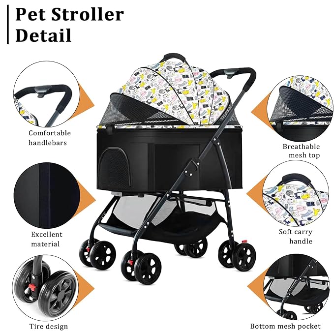 3 in 1 Dog Strollers 4 Wheels Folding Pet Stroller with Detachable Carrier Multifunction Portable Dogs Travel Carriers for Medium Small Puppy Kittens