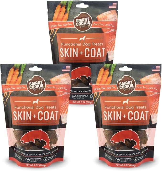Smart Cookie All Natural Dog Treats - Healthy Skin & Coat Salmon Dog Treats - Ideal for Sensitive Stomachs or Itchy, Allergic, Dry Skin - Dehydrated, Crunchy, Human-Grade, Made in USA - 8oz, Pack of 3