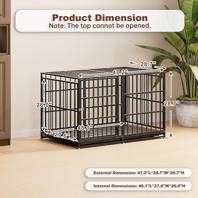 48 Inch Heavy Duty Dog Crate with Wheels，Indestructible Escape-Proof Dog Cage for Large Dogs, Extra Large XL XXL Indestructible Dog Crate with Removable Tray.