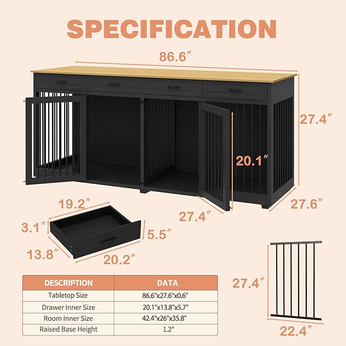 Extra Large Dog Crate, 86.6" Heavy Duty Wooden Dog Cage Furniture Dog Crate Kennel with Drawers & Removable Divider,Indoor Luxury Dog House with Double Rooms for XL L Breed Dogs, Black