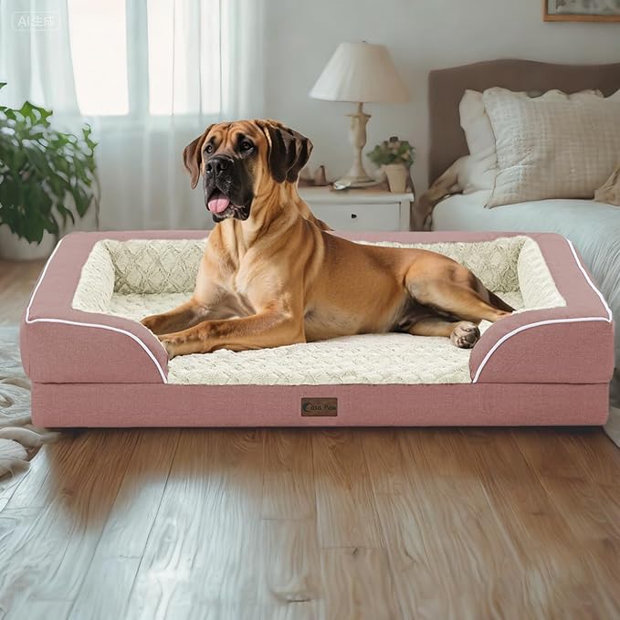 Orthopedic XL Dog Beds, Waterproof Memory Foam Big Pet Bed for Extra Large Sized Dogs 45x35Inch, Non-Slip Bottom and Egg-Crate Foam Dog Couch Bed with Washable Removable Cover, Pink