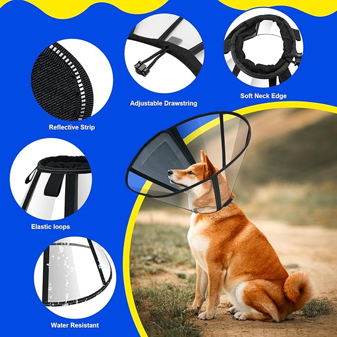 Lainergie Adjustable Soft Dog Cone Collar for After Surgery Recovery, Comfortable Pet Recovery Protective Collar for Medium Large Dogs, Elizabethan Dog Neck Collar (S, Black)