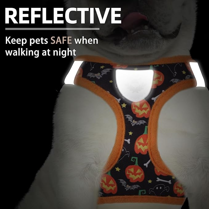 PUPTECK Adjustable Dog Harness Collar and Leash Set Step in No Pull Pet Harness for Small Medium Dogs Puppy and Cats Outdoor Walking Running, Soft Mesh Padded Reflective Vest Harnesses, Halloween, L
