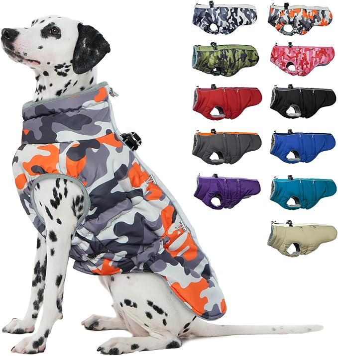 Dog Coat for Large Dogs, Dog Winter Jacket-X Large Warm Dog Coat with Harness Reflective Dog Vest Water-Resistant Dog Snowsuit Dog Snow Jacket for Large Dogs Beagle, Corgi, Orange-Camouflage