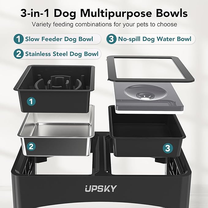 UPSKY 3-in-1 Elevated Dog Bowls Slow Feeder, Adjustable Stand, Stainless Steel Food & No Spill Pet Water Bowl for Small Medium Dogs