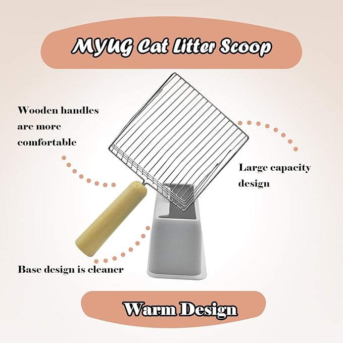 Metal Cat Litter Scooper with Holder,Stainless Steel Litter Scooper with Holder Heavy-Duty Cat Scoop Non-Stick Kitten Poop Deep Shovel for Kitty Box (Grey)