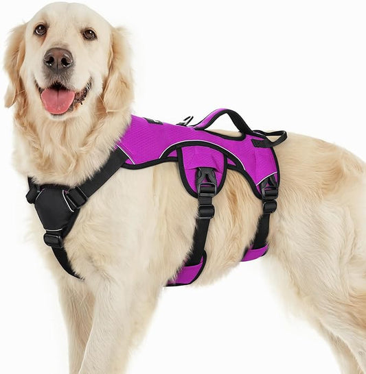 rabbitgoo Escape Proof Dog Harness, Soft Padded Full Body Pet Harness, Reflective Adjustable No Pull Vest with Lift Handle and Lesh Clip for Large Dogs Walking Hiking Training, L, Purple