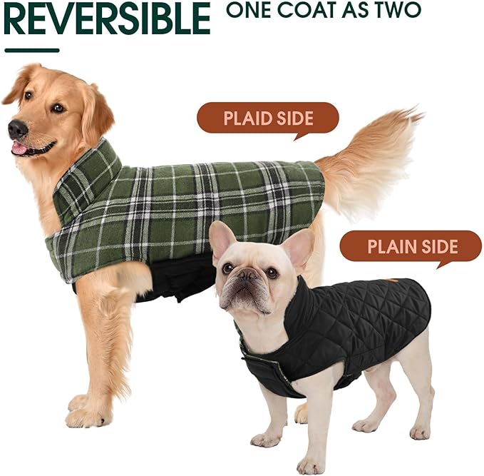 Kuoser Warm Dog Coat, Waterproof Dog Jacket for Extra Large Dogs, Adjustable Durable XL Doggie Winter Coat Reversible Cozy Puppy Cold Weather Apparel from Small to Large Breed, Green XL