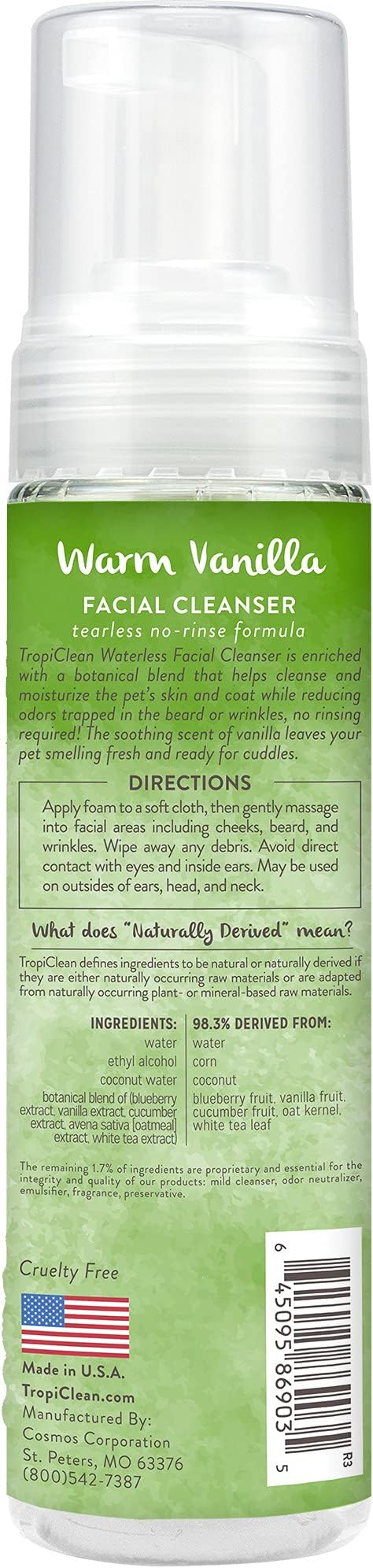 TropiClean Warm Vanilla Waterless Facial Cleanser for Dogs | Dog Foam Face Wash | Dog Face Wash Derived from Natural Ingredients | Cat Friendly | Made in the USA | 7.4 oz.