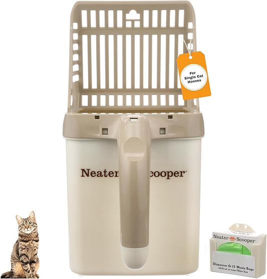 Neater Pet Brands Neater Scooper Standard Cat Litter Scoop, 15 Refill Bags – Mess-Free Cat Litter Scooper with Bag, Spill-Proof Kitty Box Sifter, Bin Doubles as Scoop Holder, For Single-Cat Households