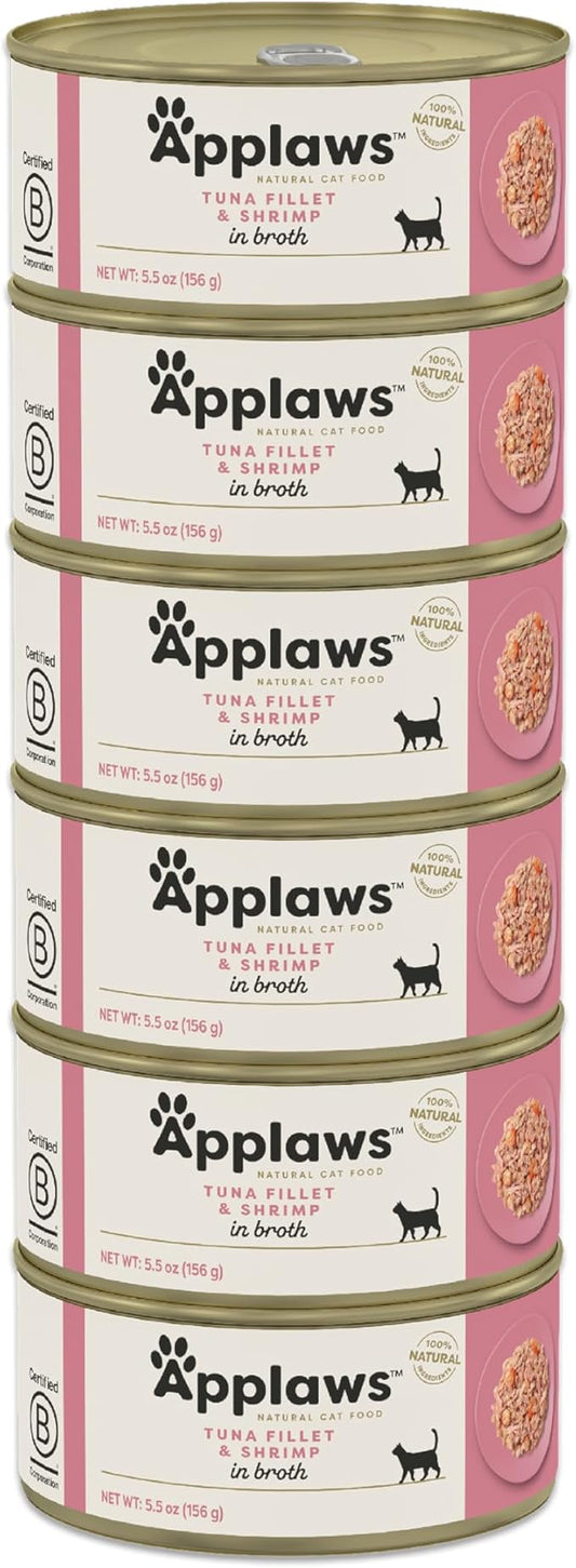 Applaws Natural Wet Cat Food in Broth, Limited and Natural Ingredients, High Protein with No Artificial Additives, Tuna Fillet & Shrimp in Broth (6 x 5.5oz Cans)