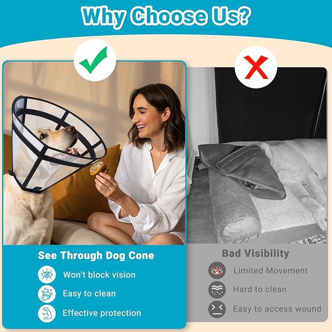 Dog Cone, Transparent Recovery Collar for Large Medium Small Pets, Adjustable Length, Soft Cone for Dogs to Stop Licking, Padded Elizabethan Collar with Elastic Loops After Surgery Patented