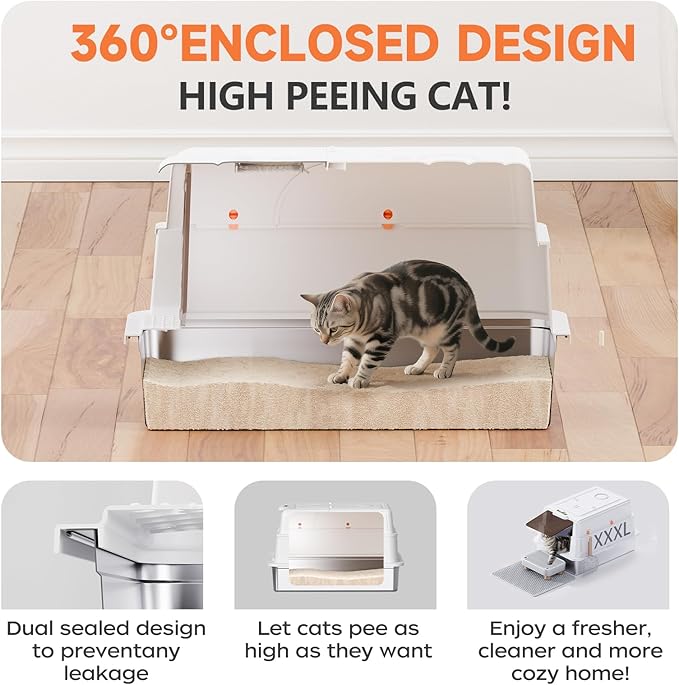 Stainless Steel Litter Box with Lid, 28" Extra Large Cat Litter Pan, Enclosed Metal Litter Box with Litter Scoop & Filter Pedal, Anti-Leakage, Odor Free, Non-Sticky, Anti-Leakage, Easy Cleaning