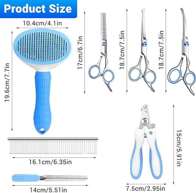 Dog Grooming Kit 9pcs Professional Scissors Set with Comb for Dogs Cats Dog Brush for Shedding Nail Clipper with Nail File Brushes for Grooming Safety Round Tip Shears Kit Blue Small Large Pet