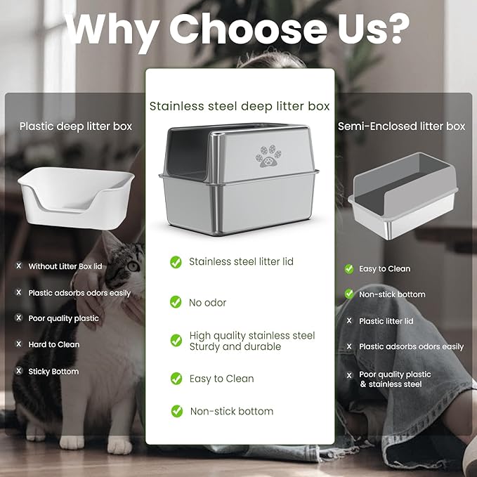 Enclosed Stainless Steel Cat Litter Box with Lid, XL Leak-Proof Metal Litter Box for Big Cats, Extra Large Cat Toilet with High Side, Press-Fit Design, Non-Stick, Odor-Free, with Litter Mat & Scoop