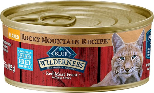 Blue Buffalo Wilderness Rocky Mountain Recipe Flaked Wet Cat Food, Chicken-Free & Grain-Free Recipe, Made with Natural Ingredients, Red Meat in Tasty Gravy, 5.5-oz. Cans (24 Count)