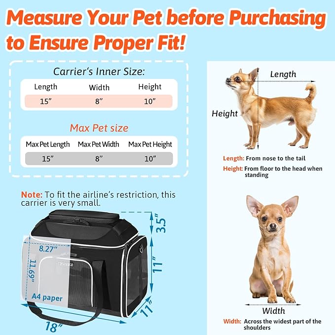 Petskd Top-Expandable Pet Carrier 18x11x11 Inches Delta American United Airline Approved, Soft-Sided Carrier for Small Cats and Dogs with Locking Safety Zippers and Anti-Scratch Mesh(Black)