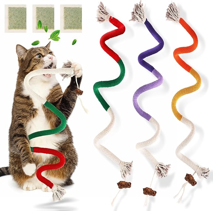 3 PCS Cat Toys Chew Ropes, 27.56 Inches Cat Chew Rope Toy for Teeth Cleaning, Safe Catnip Toys for Cats Rope Chew Toy (3 Bags of Catnip Included)