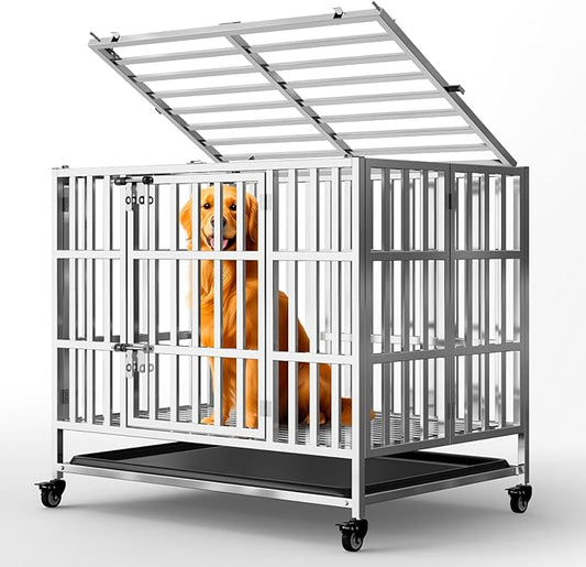37" Heavy Duty Dog Crates for Large Dogs, Upgraded 4 Lockable Wheels, Stainless Steel Kennel Dog Kennel Indoor, Max Load 300Lbs, Easy to Clean, Escape Proof, XL Dog Cage for High Anxiety Dogs