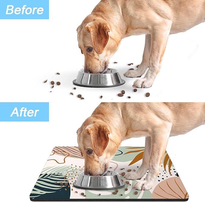 Rnivvi Dog Food Mat, 16" x 24" Boho Absorbent Dog Cat Bowl Mat for Food and Water, Cute Anti-Slip Rubber Pet Feeding Rug Protect Floors, Puppy Placemat for Feeding & Watering Supplies, Tropical Leaves