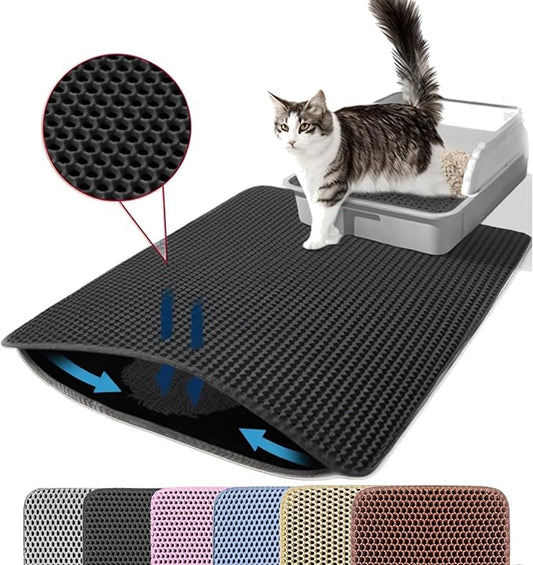 Extra Large Cat Litter Mat, 30x22 Inches Honeycomb Double Layer Cat Litter Trapping Mat, Non Slip Waterproof Urine Proof Large Kitty Litter Box Mat for Floor, Kitten Supplies, XL, Black