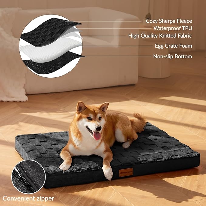 Patas Lague Orthopedic XL Dog Bed Large Sized Dog 48''X30'', Waterproof Soft Comfortable Egg Crate Foam Large Pet Beds Crate Mat with Removable Washable Cover and Nonskid Bottom, Black