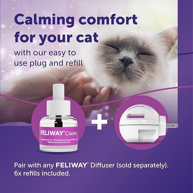 FELIWAY® Classic 6 x 30 Day Cat Calming Refills for Pheromone Diffuser, 6 x 48ml Value Pack - Helps Reduce Common Signs of Stress in Cats & Kittens, Enhanced Calming