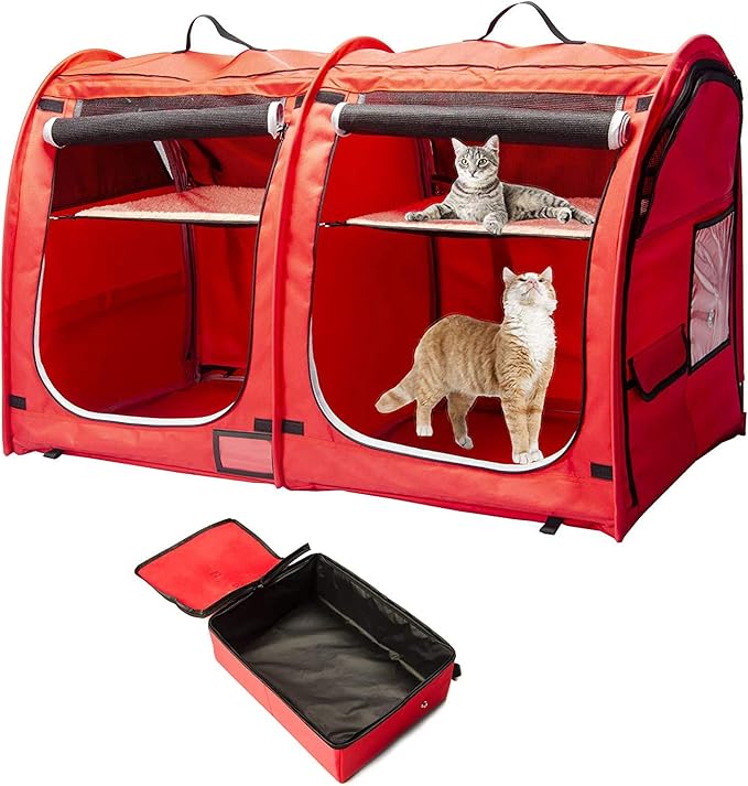 Mispace Portable Twin Compartment Show House Cat Cage/Condo - Easy to Fold & Carry Kennel - Comfy Puppy Home & Dog Travel Crate with Portable Carry Bag/Two Hammocks/Mats and Collapsible Litter Box